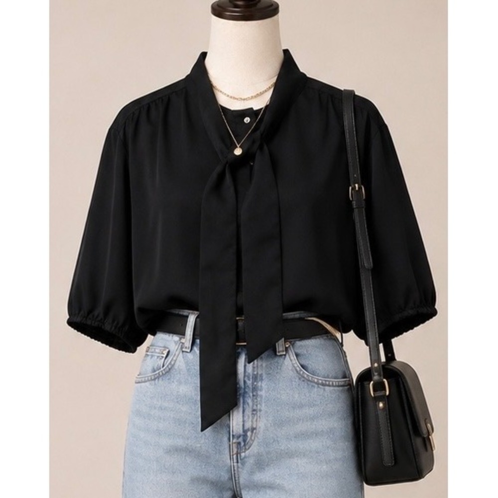 Ann Taylor Black Tie Neck Puff Blouse XXL Romantichelic Coquette Minimalist